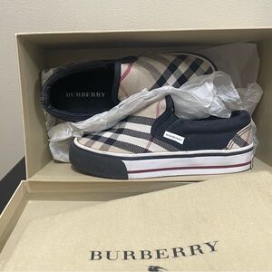 Burberry Checkered Canvas Slip-Ons in Black and Beige
